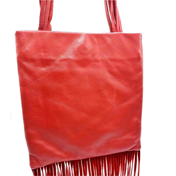 RARE VINTAGE RED FRINGE LEATHER MINI TOTE — WESTERN Y2K COWGIRL GLAM - Picture 11 of 15